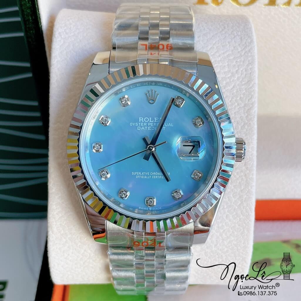 Đồng Hồ Rolex Datejust Automatic Nam Dây Kim Loại Bạc Mặt Xà Cừ Xanh 41mm