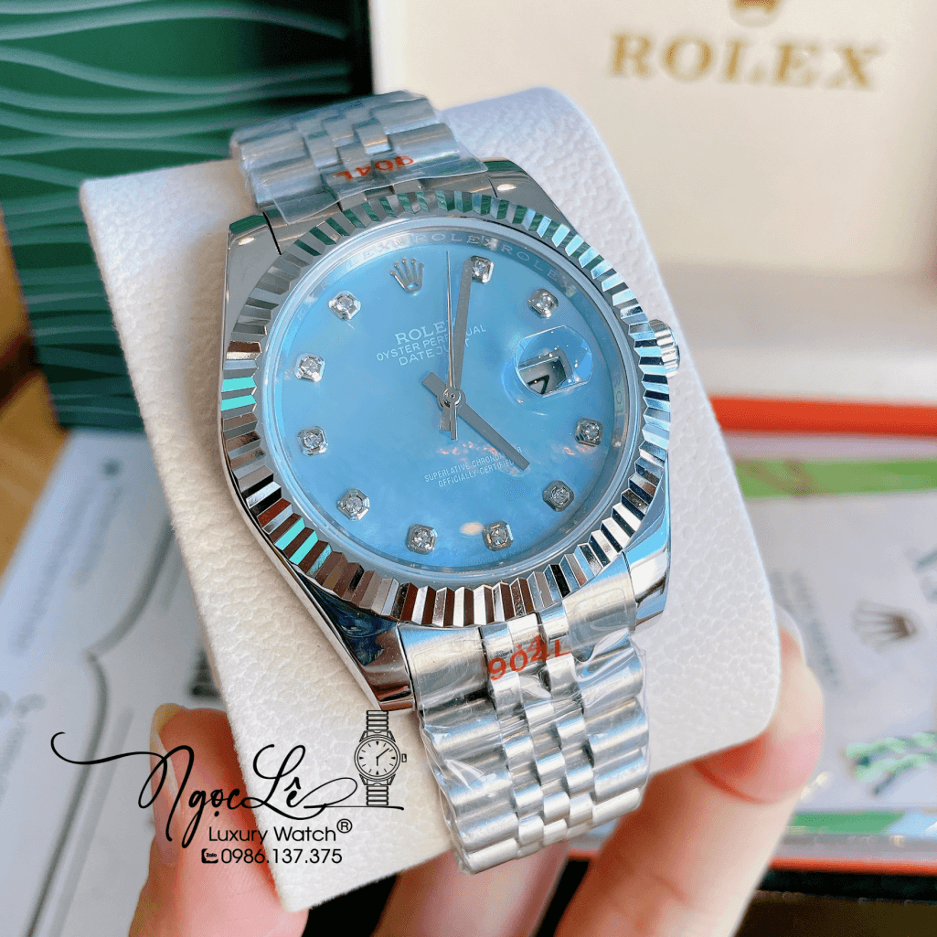 Đồng Hồ Rolex Datejust Automatic Nam Dây Kim Loại Bạc Mặt Xanh 41mm