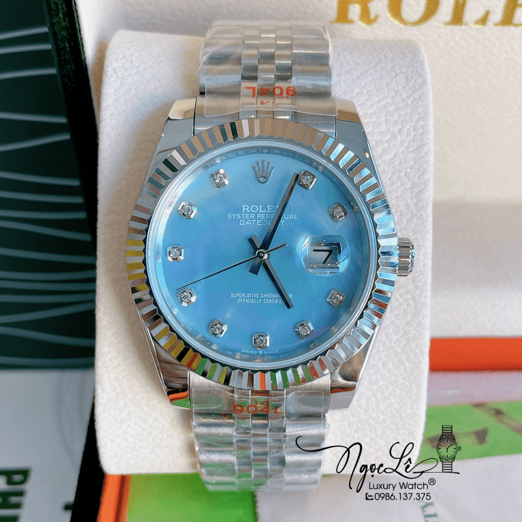 Đồng Hồ Rolex Datejust Automatic Nam Dây Kim Loại Bạc Mặt Xanh 41mm