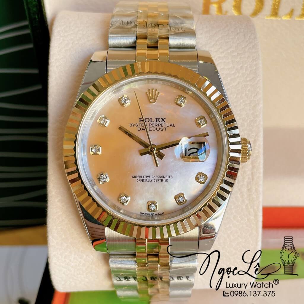 Đồng Hồ Rolex Datejust Automatic Nam Dây Kim Loại Demi Mặt Xà Cừ Vàng 41mm