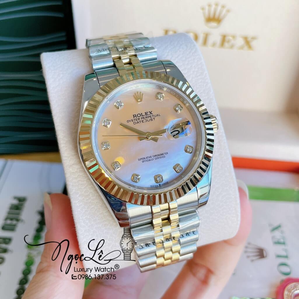 Đồng Hồ Rolex Datejust Automatic Nam Dây Kim Loại Demi Mặt Xà Cừ Vàng 41mm