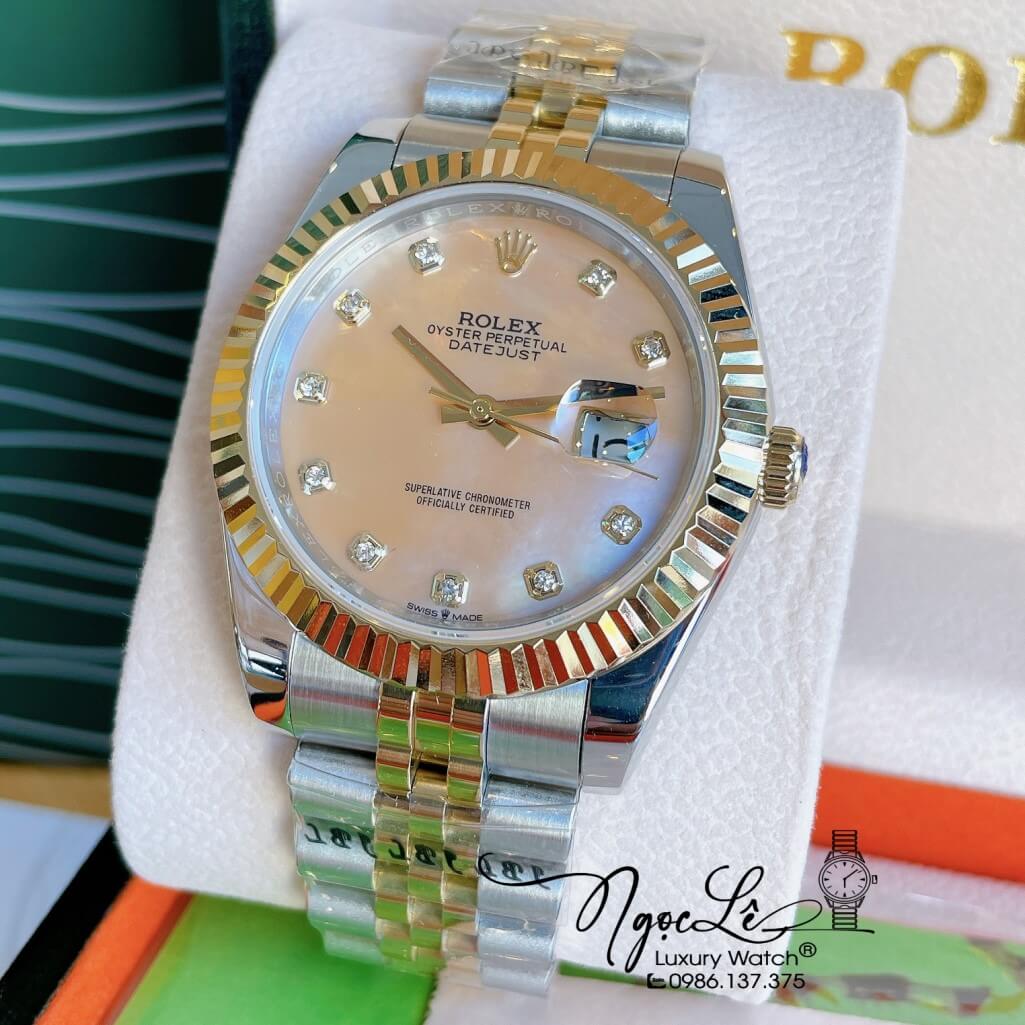 Đồng Hồ Rolex Datejust Automatic Nam Dây Kim Loại Demi Mặt Xà Cừ Vàng 41mm