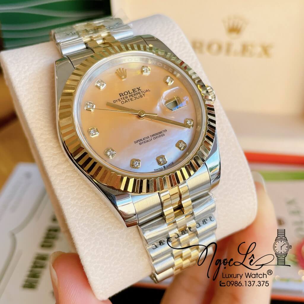 Đồng Hồ Rolex Datejust Automatic Nam Dây Kim Loại Demi Mặt Xà Cừ Vàng 41mm