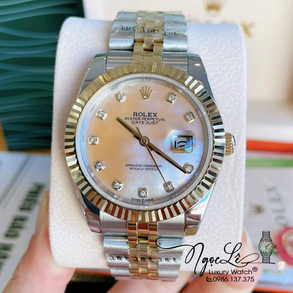 Đồng Hồ Rolex Datejust Automatic Nam Dây Kim Loại Demi Mặt Xà Cừ Vàng 41mm