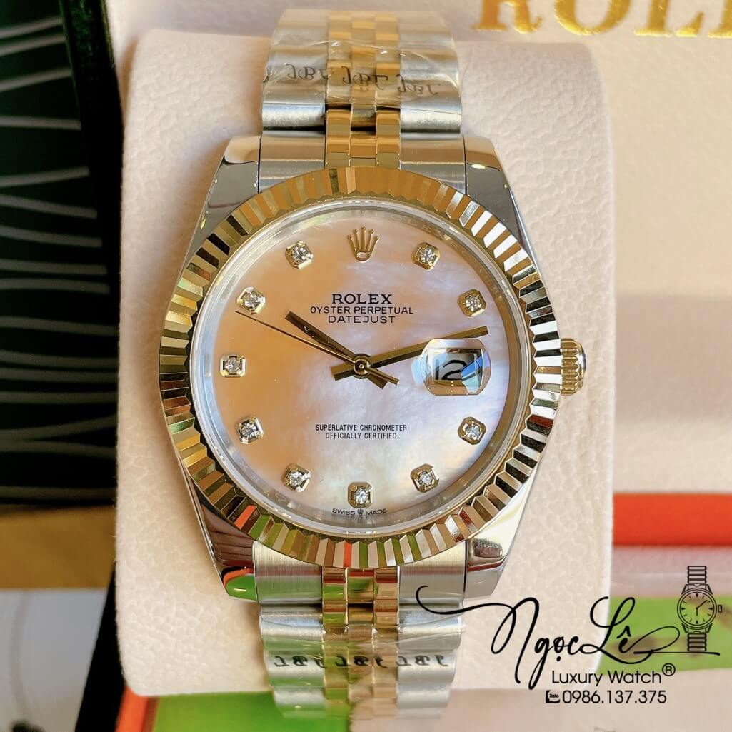 Đồng Hồ Rolex Datejust Automatic Nam Dây Kim Loại Demi Mặt Xà Cừ Vàng 41mm