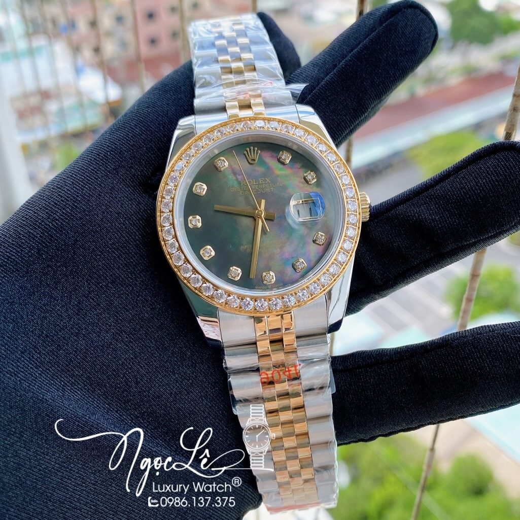 Đồng Hồ Rolex Datejust Nam Automatic Màu Demi Vàng Mặt Xà Cừ Viền Đá 41mm