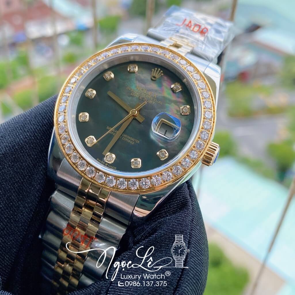 Đồng Hồ Rolex Datejust Nam Automatic Màu Demi Vàng Mặt Xà Cừ Viền Đá 41mm
