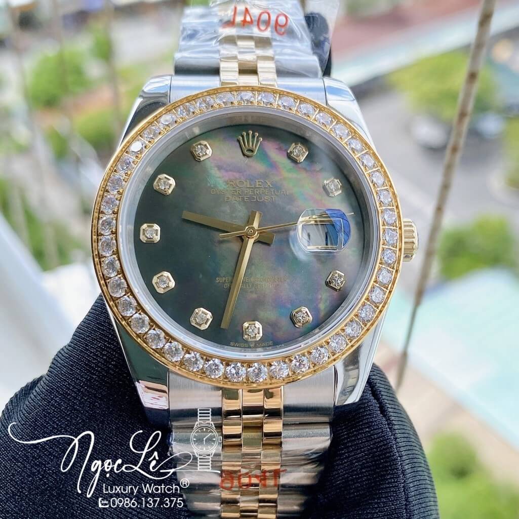 Đồng Hồ Rolex Datejust Nam Automatic Màu Demi Vàng Mặt Xà Cừ Viền Đá 41mm