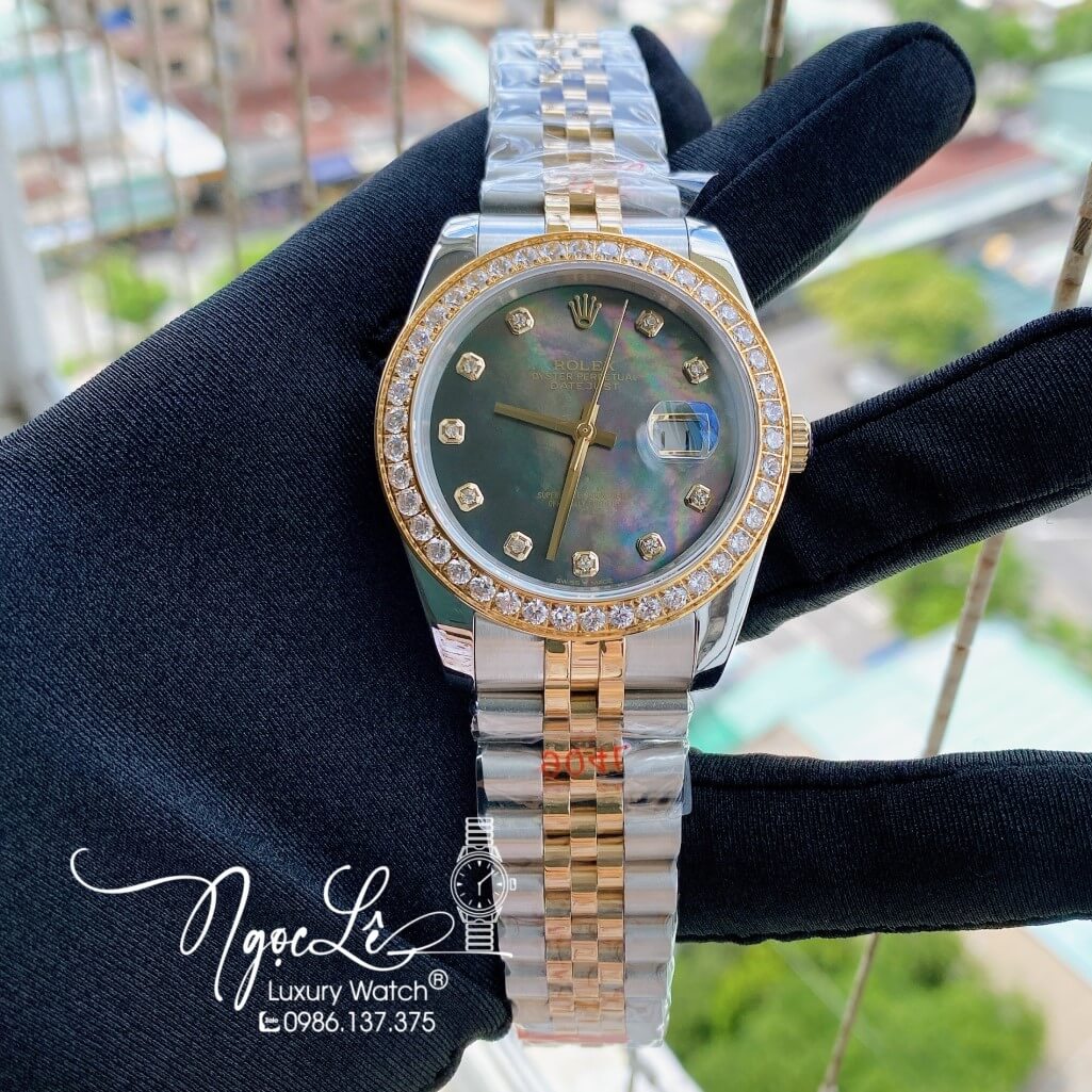 Đồng Hồ Rolex Datejust Nam Automatic Màu Demi Vàng Mặt Xà Cừ Viền Đá 41mm