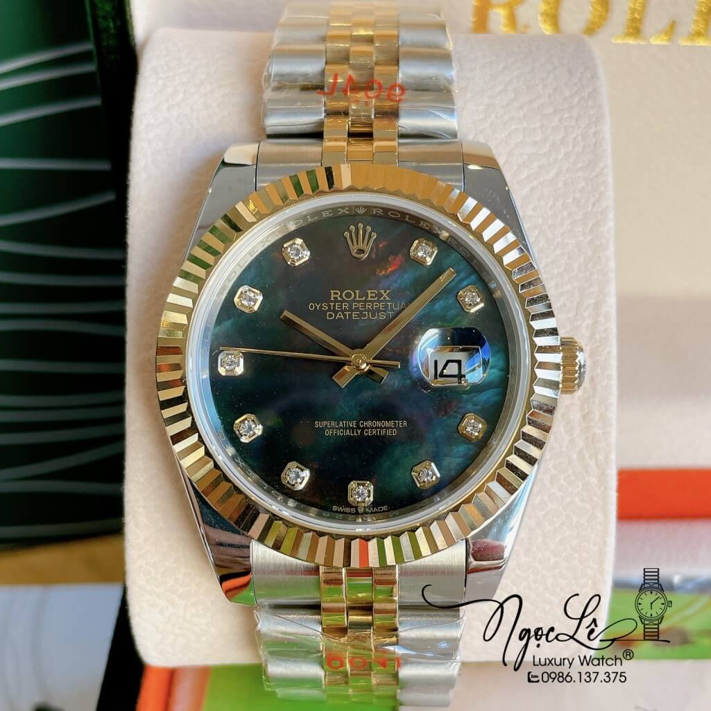 Đồng Hồ Rolex Datejust Automatic Nam Dây Kim Loại Demi Vàng Mặt Xà Cừ Đen 41mm