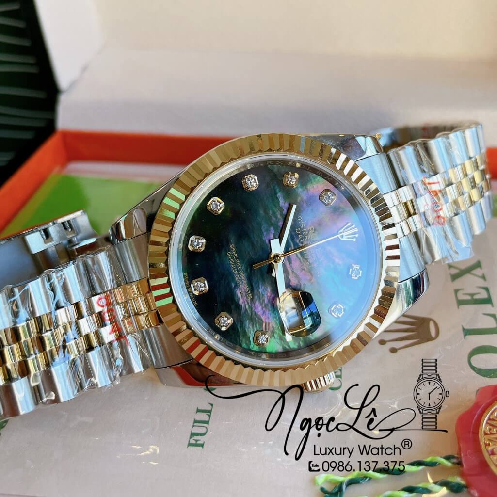 Đồng Hồ Rolex Datejust Automatic Nam Dây Kim Loại Demi Vàng Mặt Xà Cừ Đen 41mm