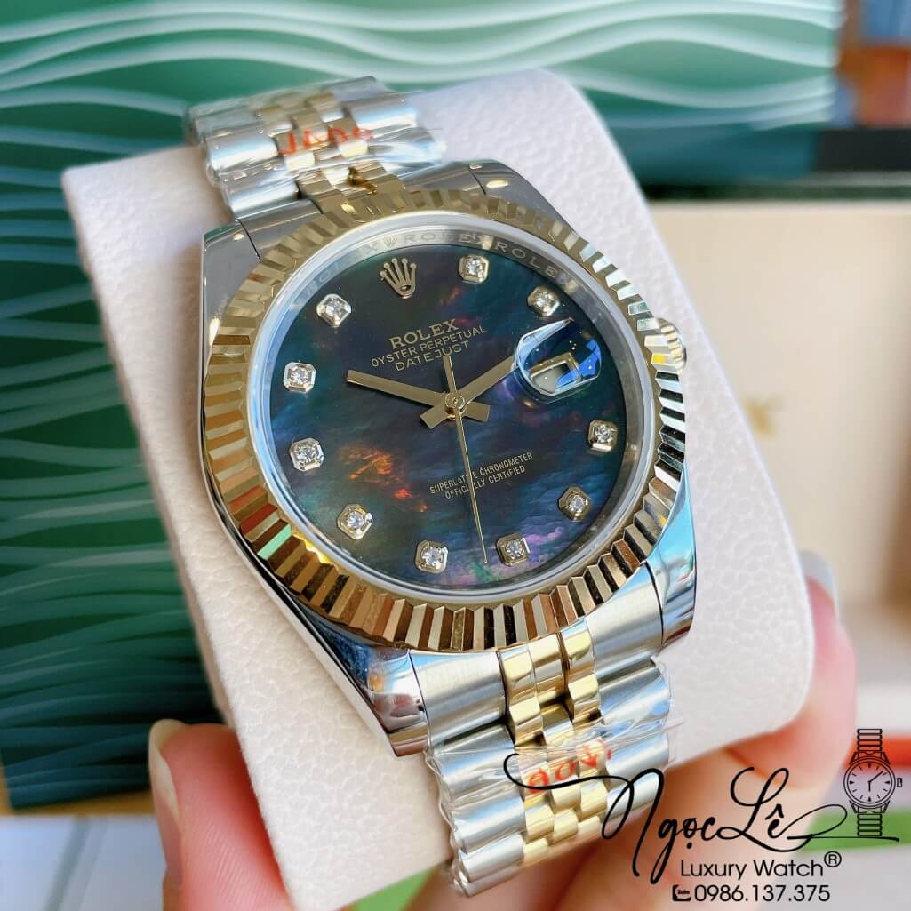 Đồng Hồ Rolex Datejust Automatic Nam Dây Kim Loại Demi Vàng Mặt Xà Cừ Đen 41mm