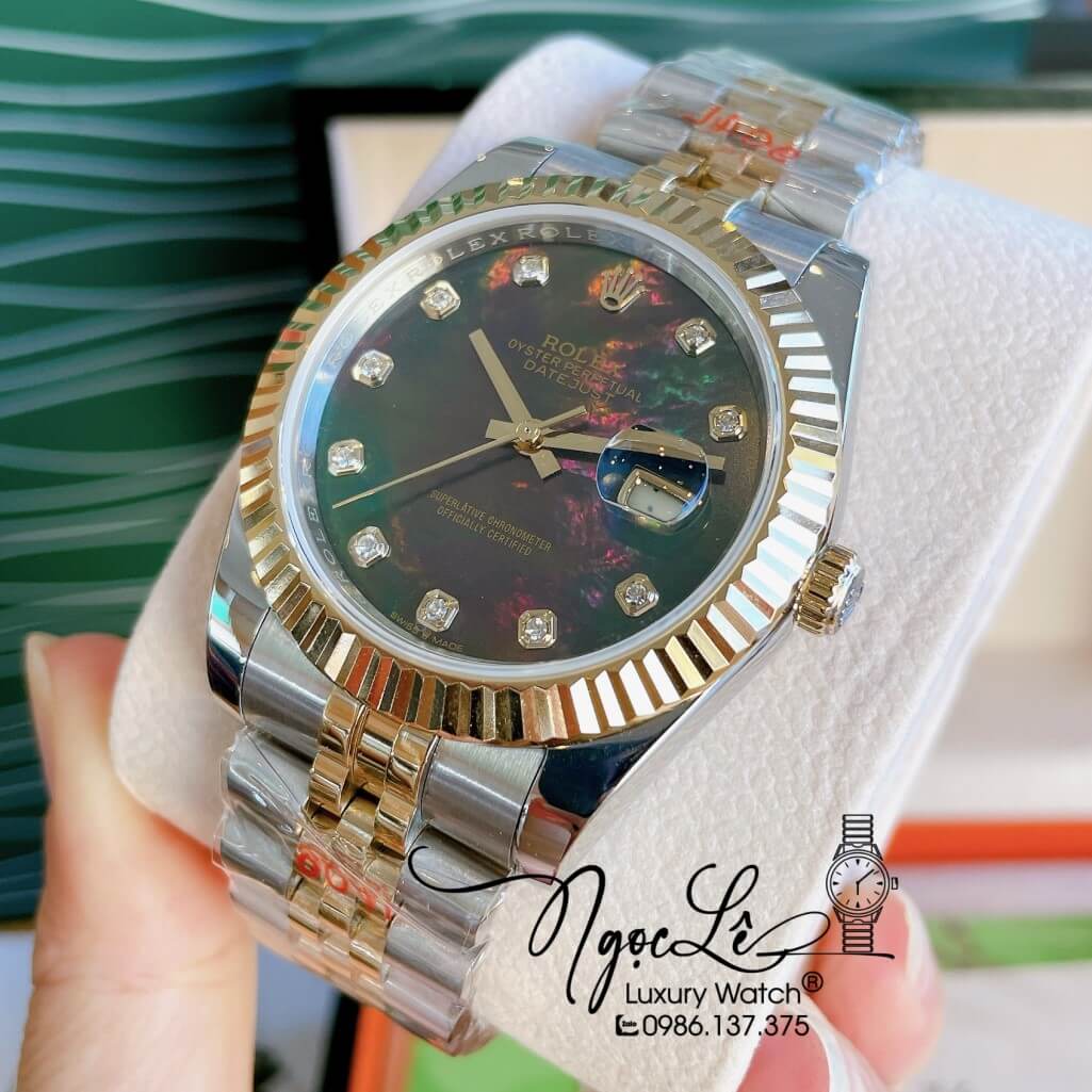 Đồng Hồ Rolex Datejust Automatic Nam Dây Kim Loại Demi Vàng Mặt Xà Cừ Đen 41mm