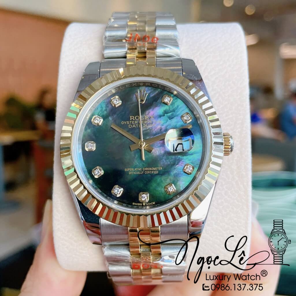 Đồng Hồ Rolex Datejust Automatic Nam Dây Kim Loại Demi Vàng Mặt Xà Cừ Đen 41mm