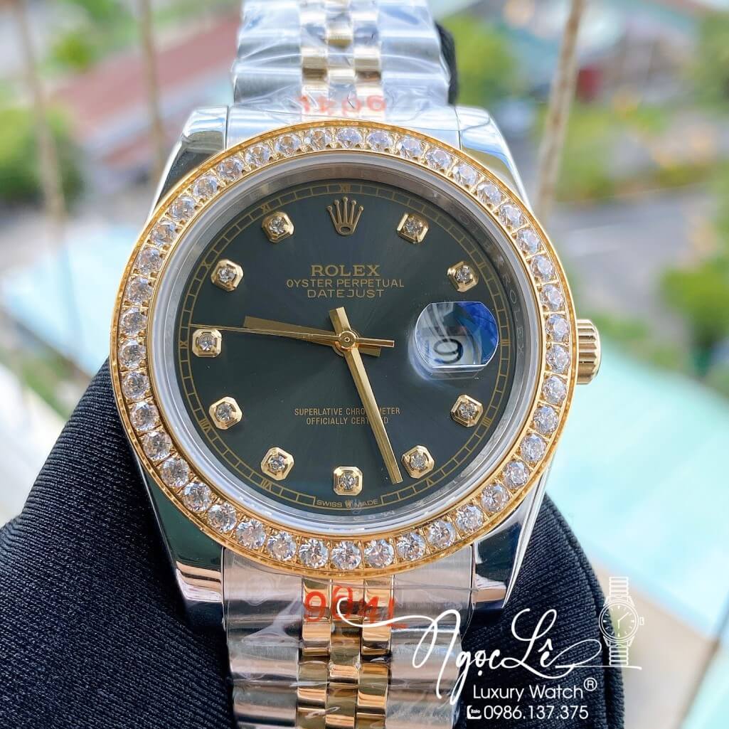 Đồng Hồ Rolex Datejust Nam Automatic Màu Demi Vàng Mặt Xám Viền Đá 41mm