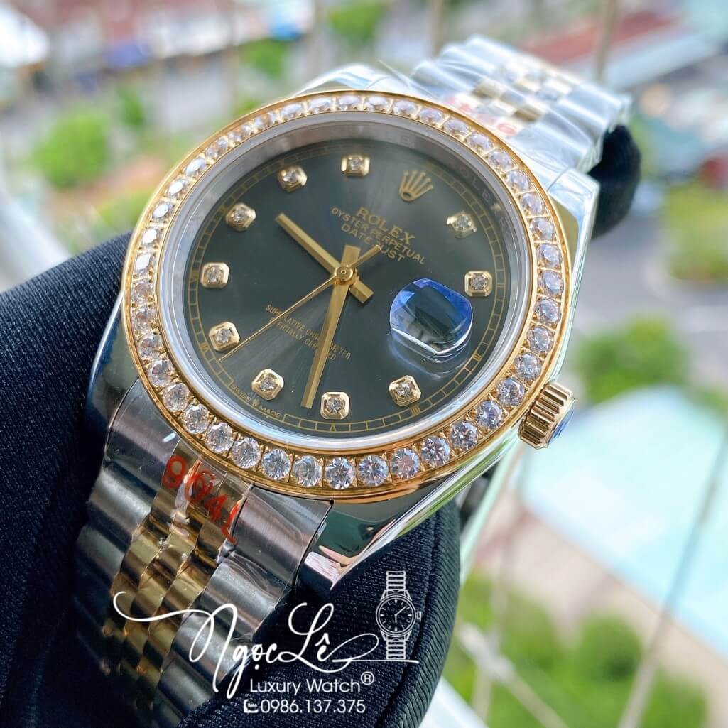 Đồng Hồ Rolex Datejust Nam Automatic Màu Demi Vàng Mặt Xám Viền Đá 41mm