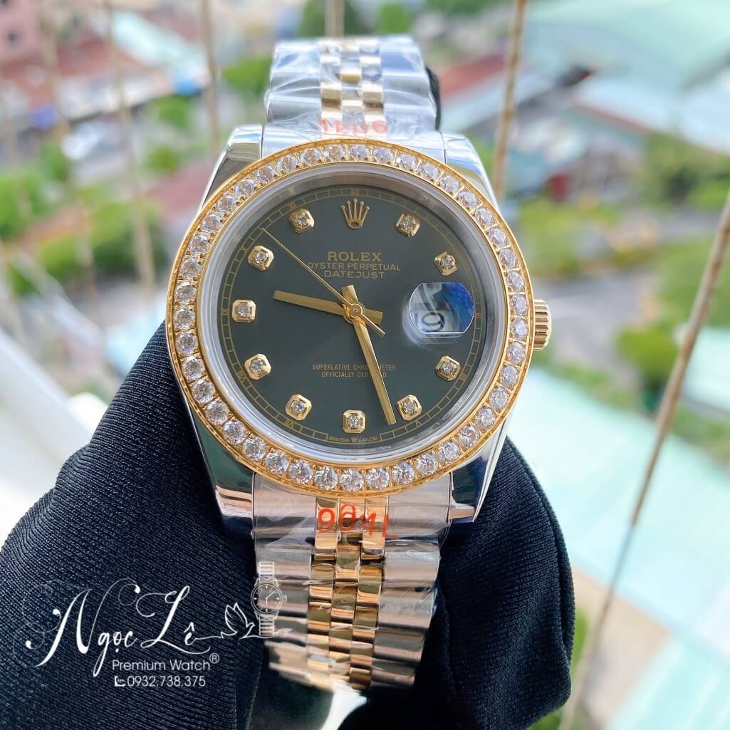 Đồng Hồ Rolex Datejust Nam Automatic Màu Demi Vàng Mặt Xám Viền Đá 41mm