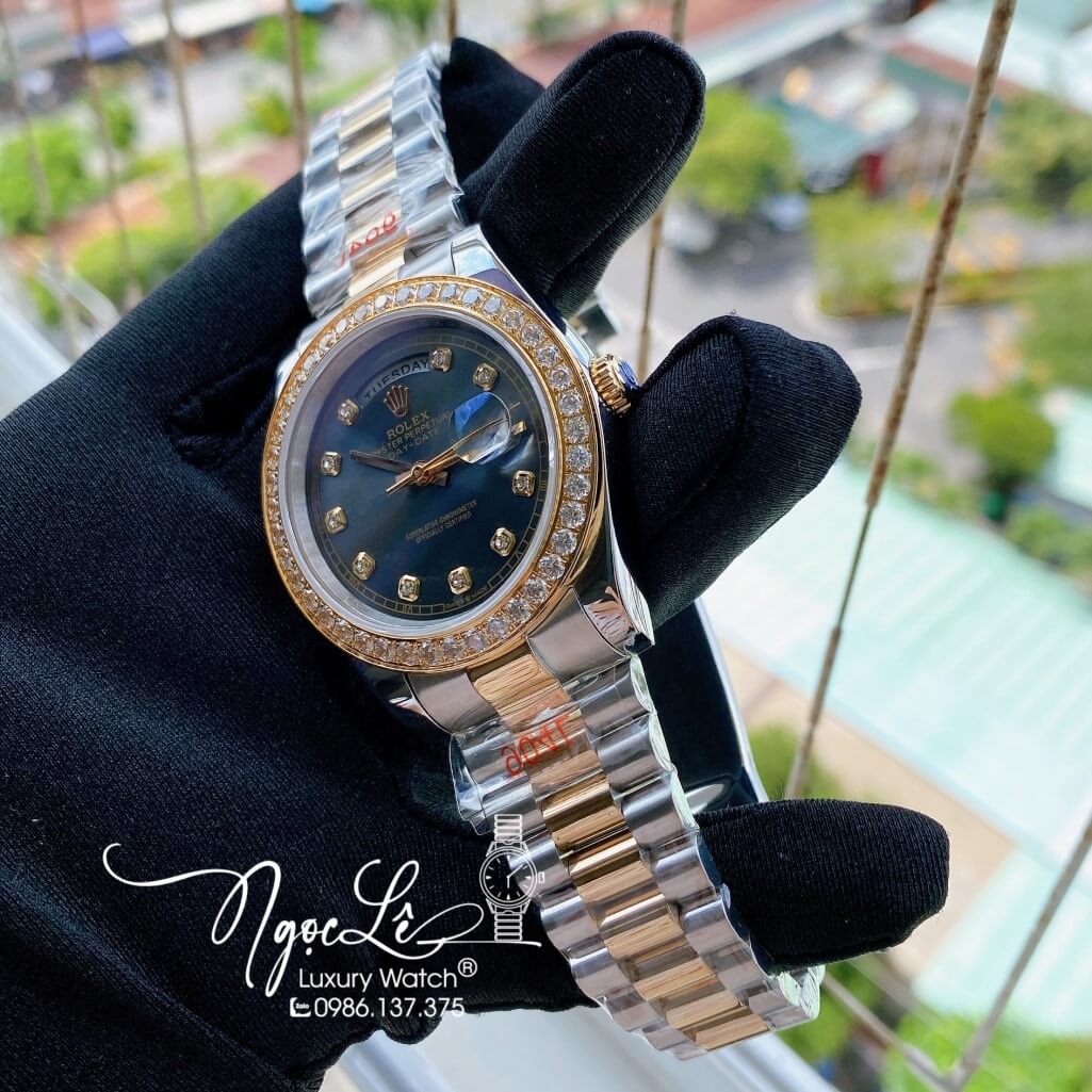 Đồng Hồ Rolex Day-Date Automatic Dây Kim Loại Demi Vàng Mặt Xám Đính Đá 41mm