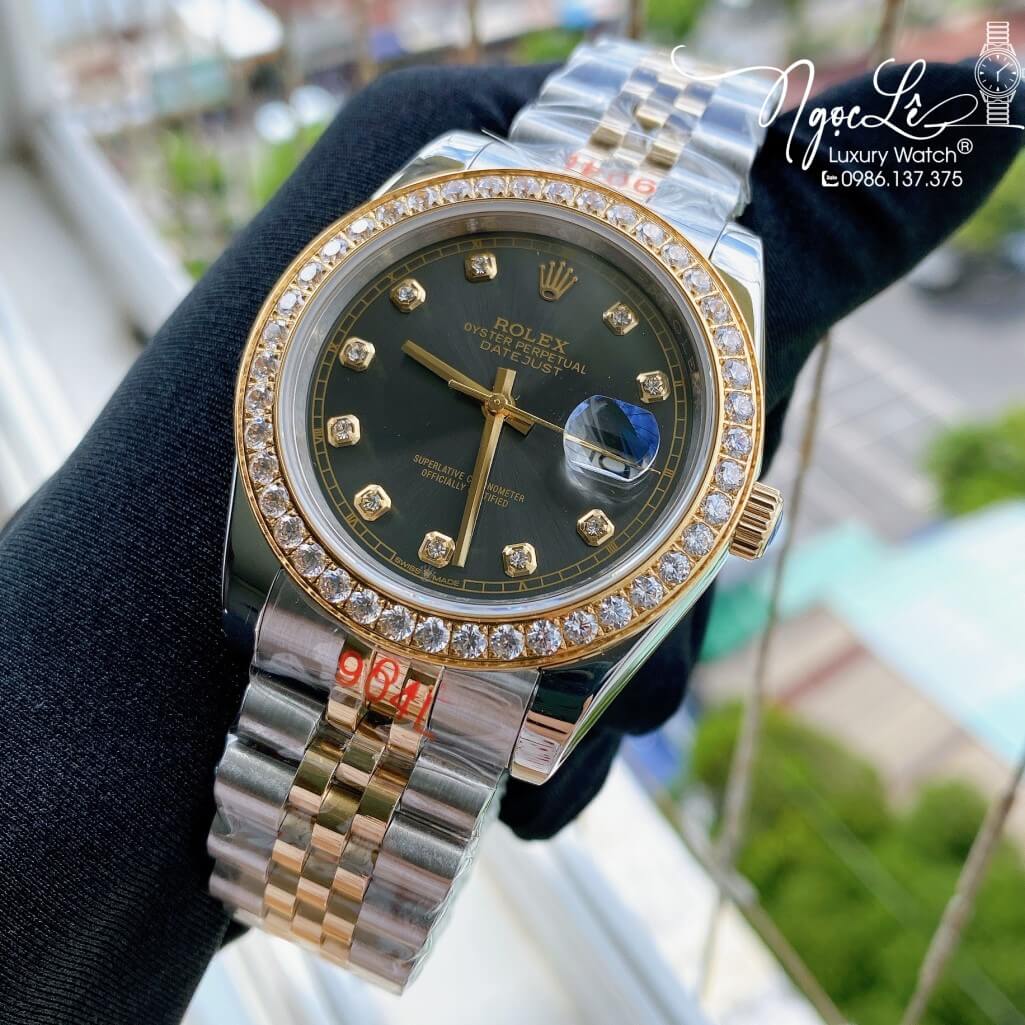 Đồng Hồ Rolex Datejust Nam Automatic Màu Demi Vàng Mặt Xám Viền Đá 41mm