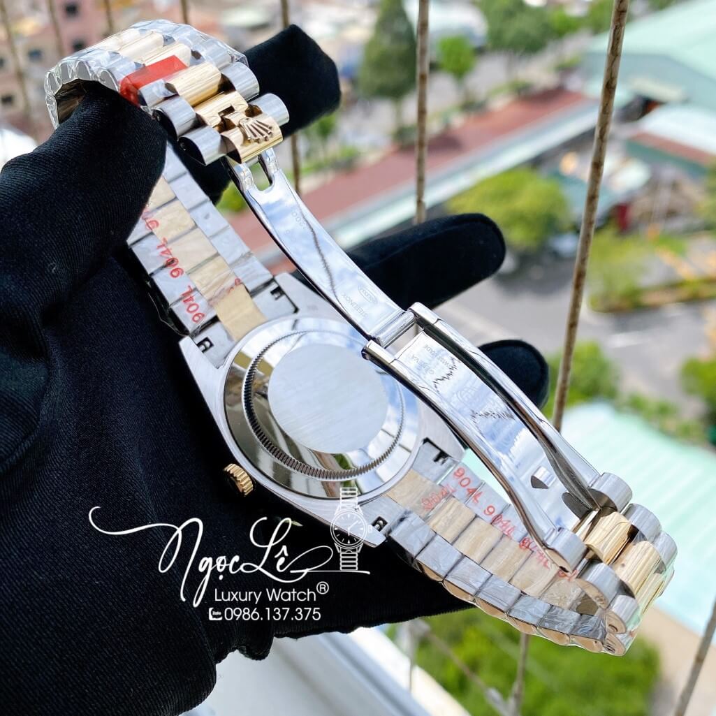Đồng Hồ Rolex Day-Date Automatic Dây Kim Loại Demi Vàng Mặt Xám Đính Đá 41mm
