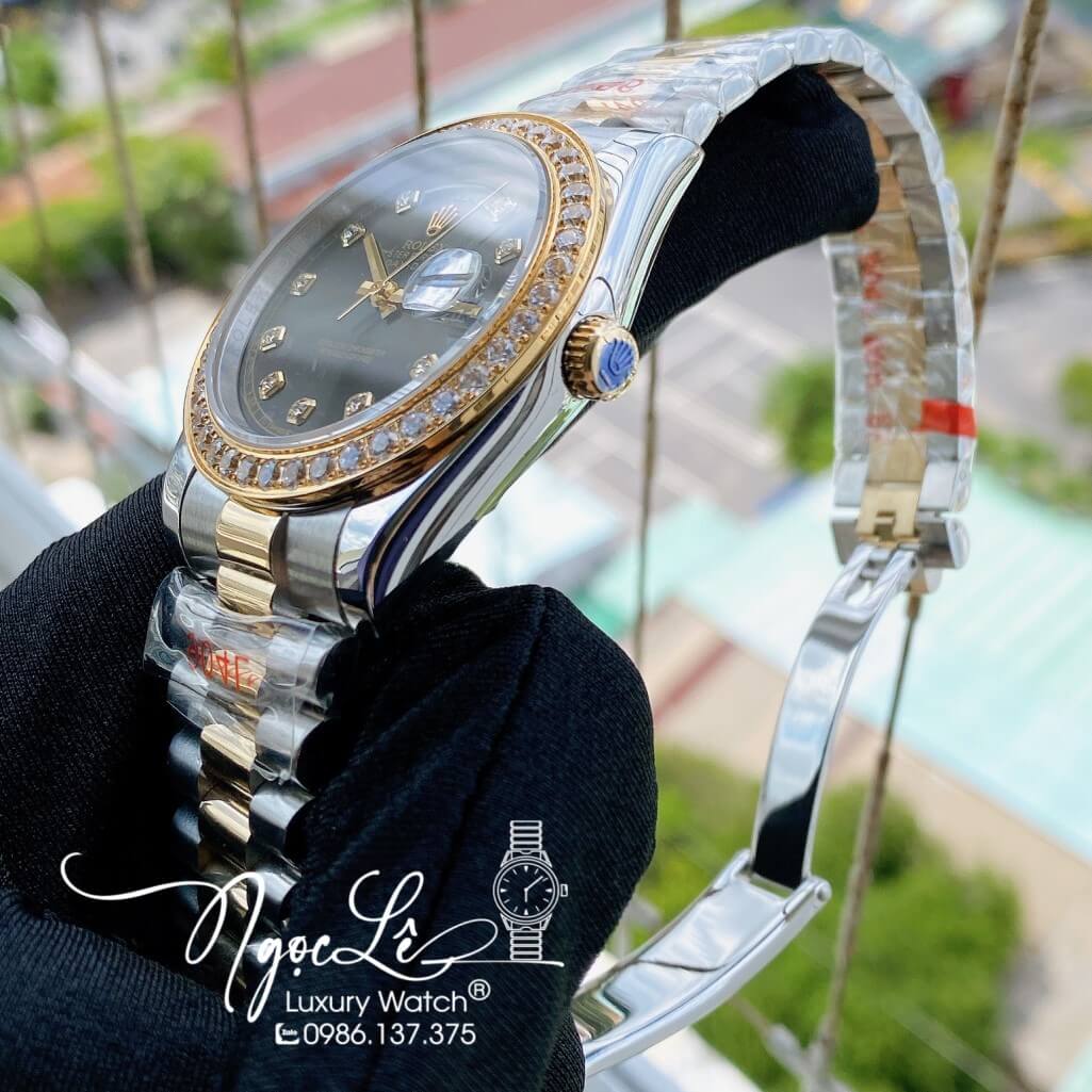 Đồng Hồ Rolex Day-Date Automatic Dây Kim Loại Demi Vàng Mặt Xám Đính Đá 41mm