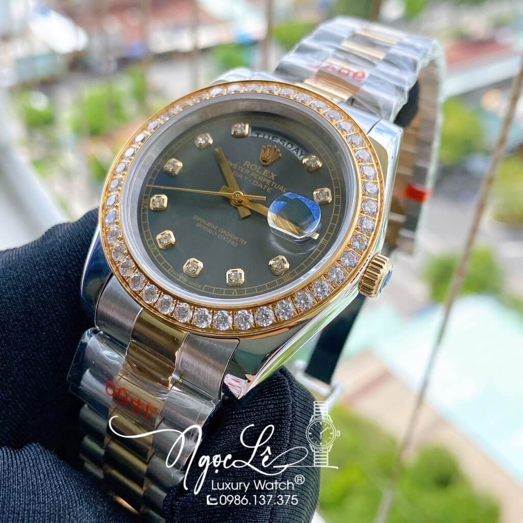 Đồng Hồ Rolex Day-Date Automatic Dây Kim Loại Demi Vàng Mặt Xám Đính Đá 41mm