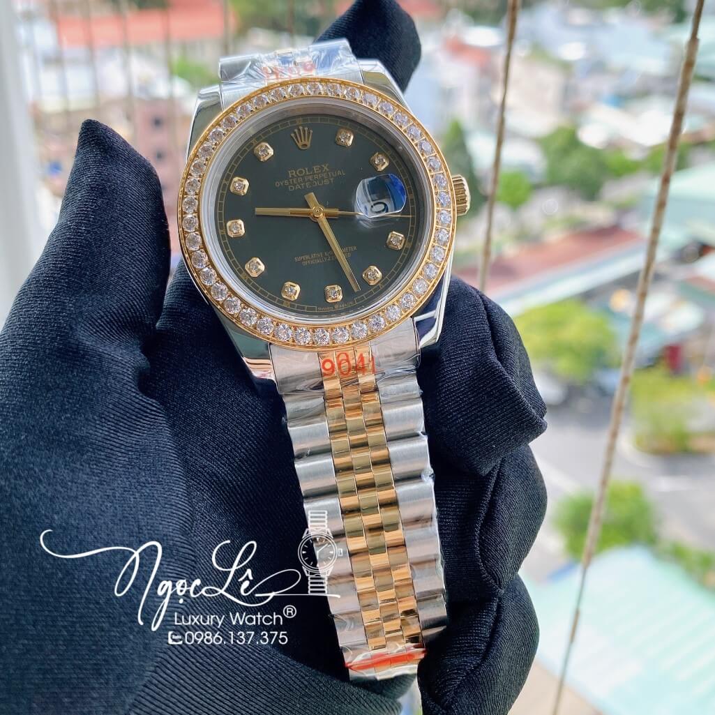 Đồng Hồ Rolex Datejust Nam Automatic Màu Demi Vàng Mặt Xám Viền Đá 41mm