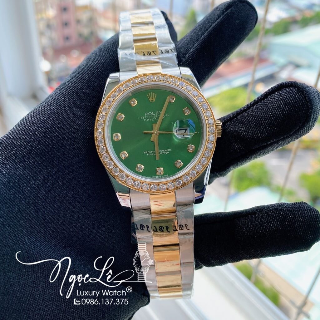 Đồng Hồ Rolex Datejust Nam Automatic Màu Demi Vàng Mặt Xanh Lá Viền Đá 41mm