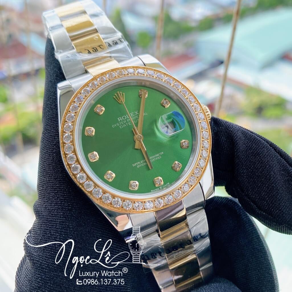 Đồng Hồ Rolex Datejust Nam Automatic Màu Demi Vàng Mặt Xanh Lá Viền Đá 41mm