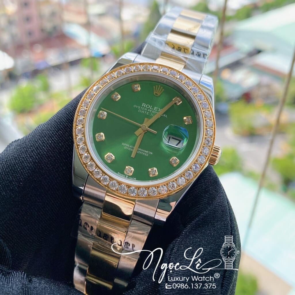 Đồng Hồ Rolex Datejust Nam Automatic Màu Demi Vàng Mặt Xanh Lá Viền Đá 41mm