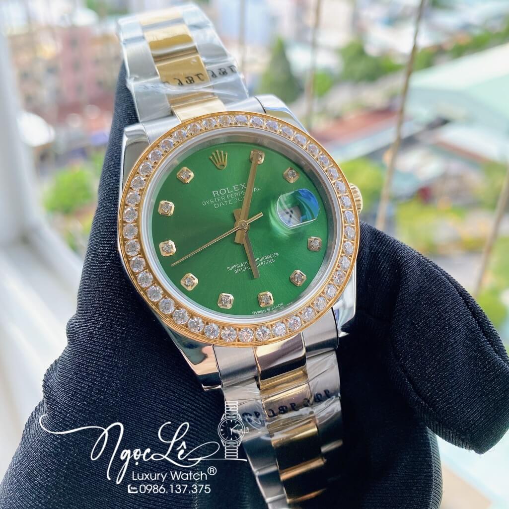 Đồng Hồ Rolex Datejust Nam Automatic Màu Demi Vàng Mặt Xanh Lá Viền Đá 41mm