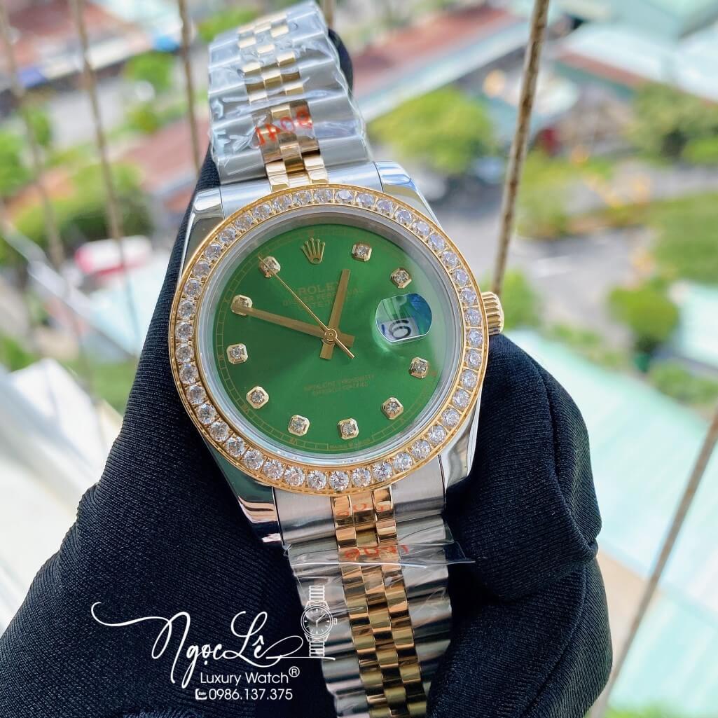 Đồng Hồ Rolex Datejust Nam Automatic Màu Demi Vàng Mặt Xanh Lá Viền Đá 41mm