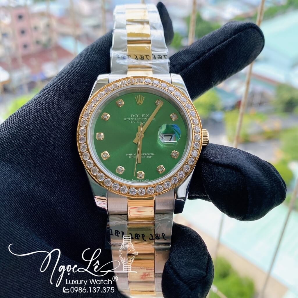 Đồng Hồ Rolex Datejust Nam Automatic Màu Demi Vàng Mặt Xanh Lá Viền Đá 41mm