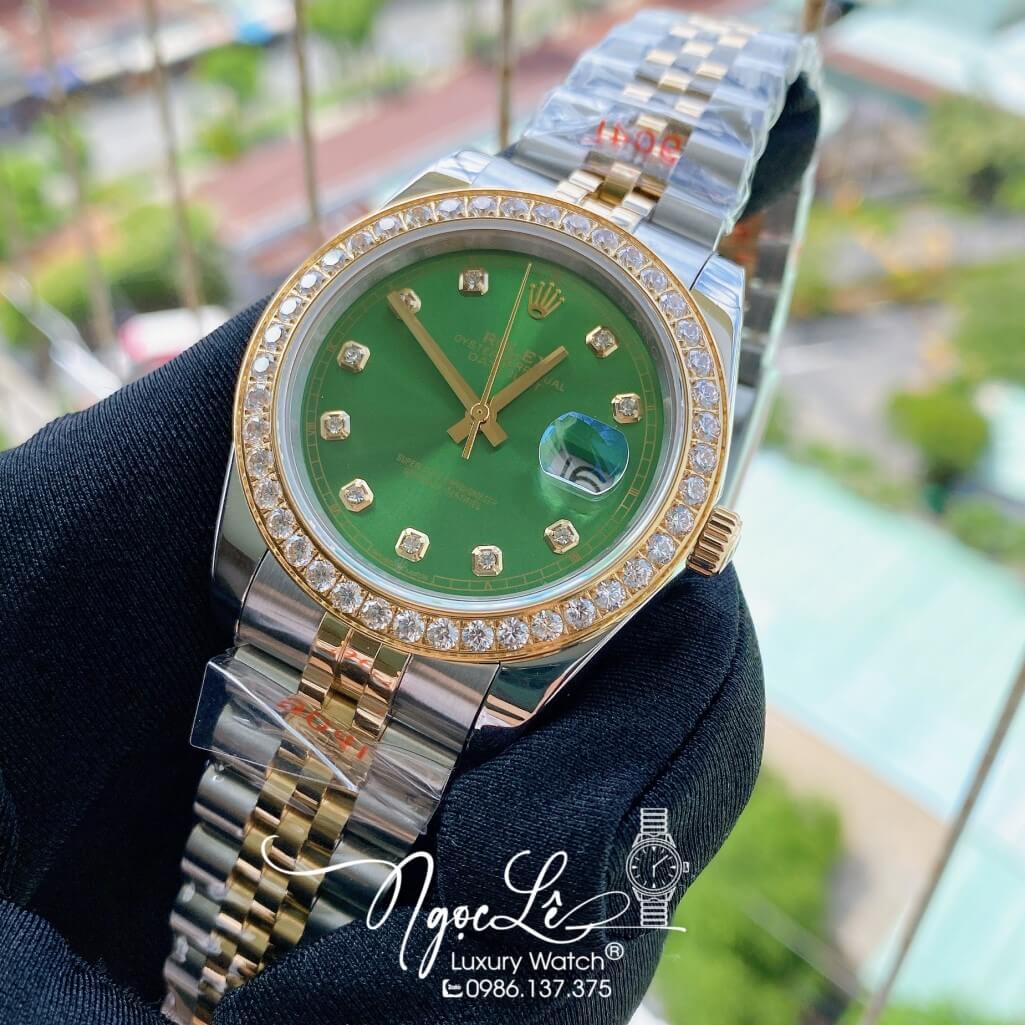 Đồng Hồ Rolex Datejust Nam Automatic Màu Demi Vàng Mặt Xanh Lá Viền Đá 41mm