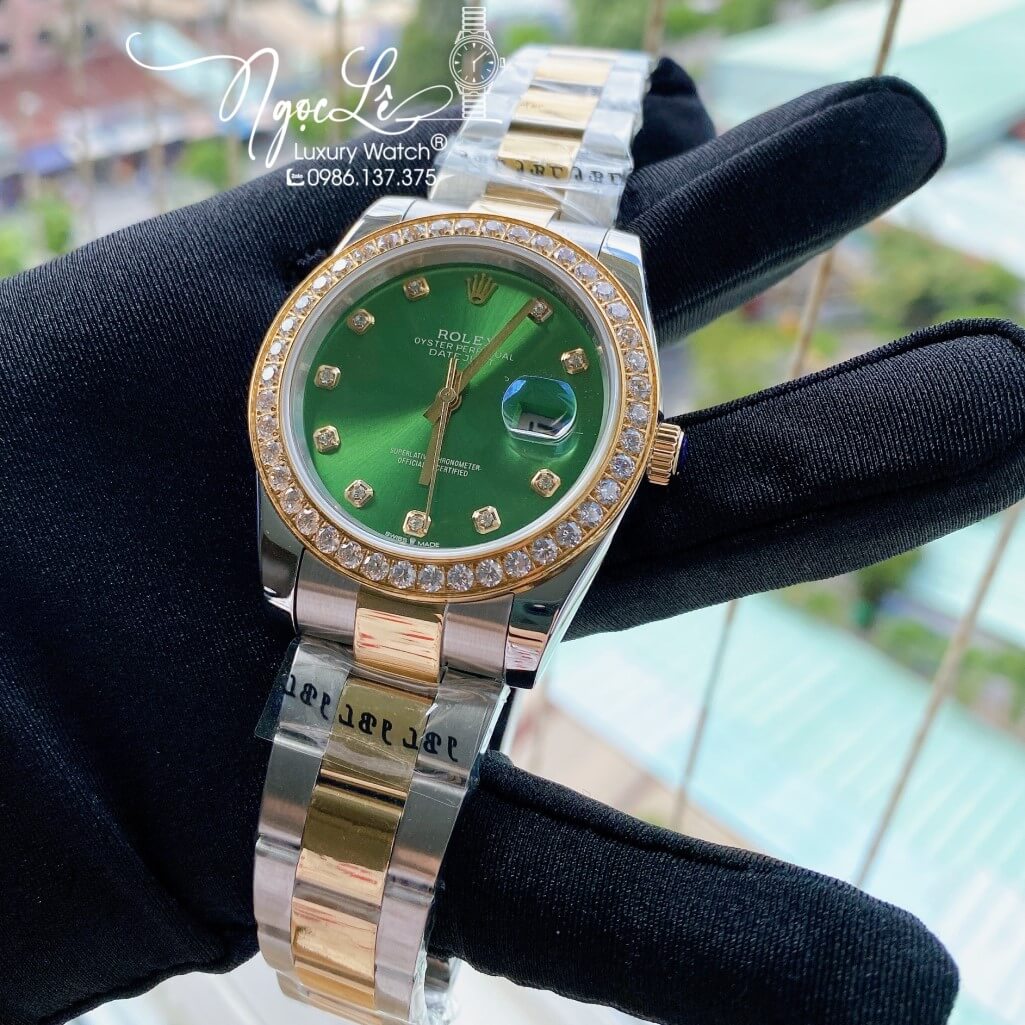 Đồng Hồ Rolex Datejust Nam Automatic Màu Demi Vàng Mặt Xanh Lá Viền Đá 41mm