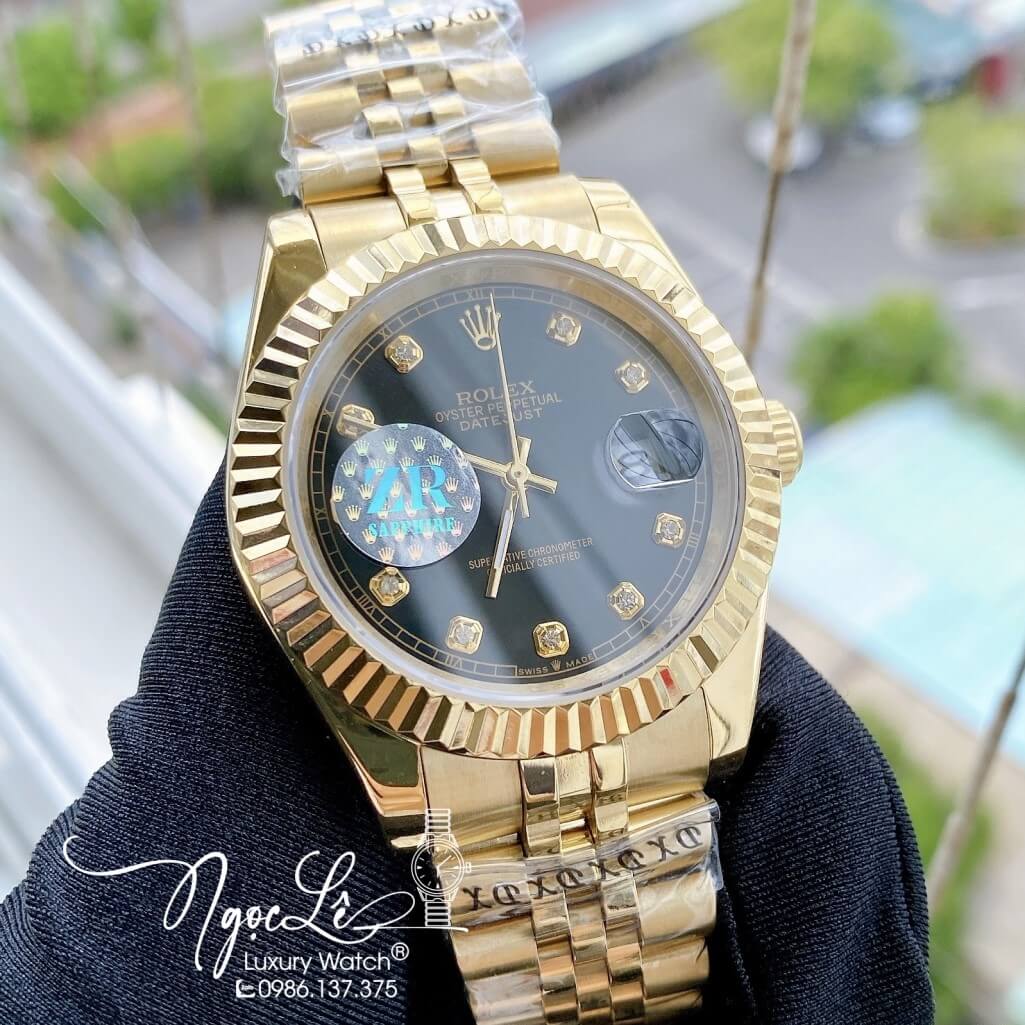 Đồng Hồ Nam Rolex Datejust Máy Cơ Tự Động Dây Kim Loại Vàng Mặt Đen 41mm