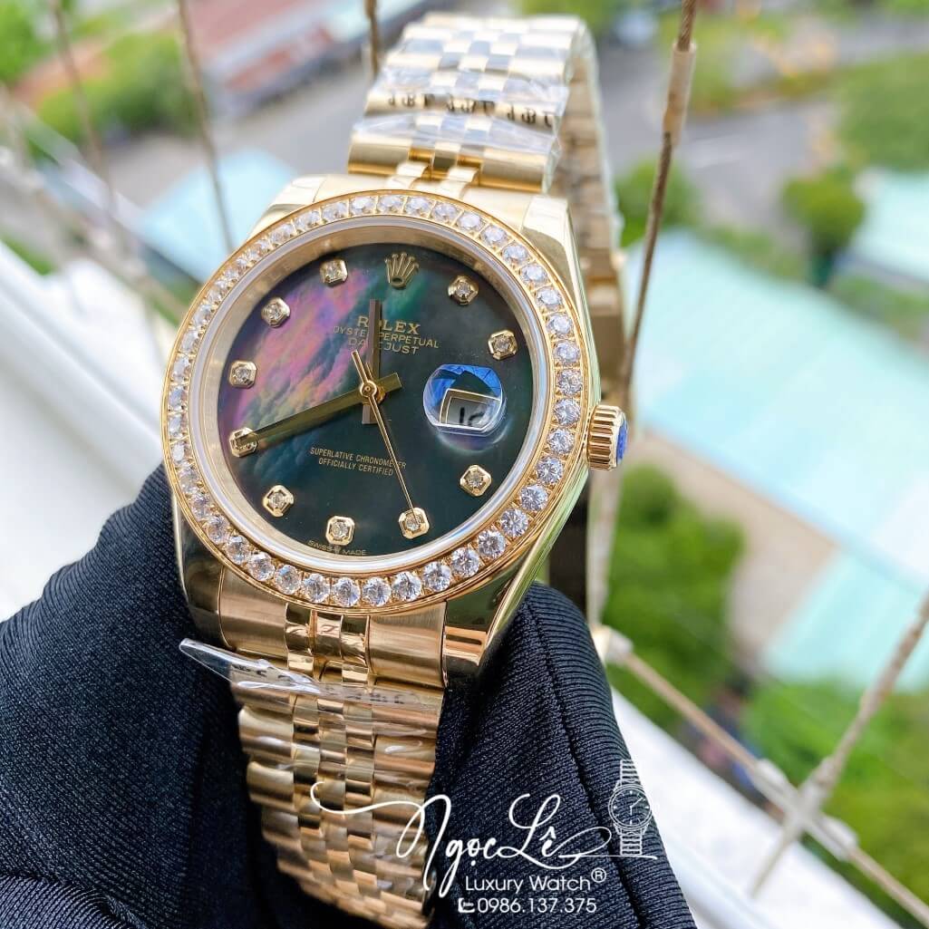 Đồng Hồ Rolex Datejust Nam Automatic Màu Vàng Mặt Xà Cừ Viền Đá 41mm