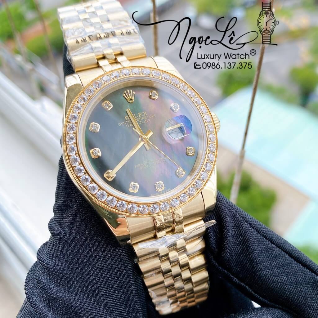 Đồng Hồ Rolex Datejust Nam Automatic Màu Vàng Mặt Xà Cừ Viền Đá 41mm