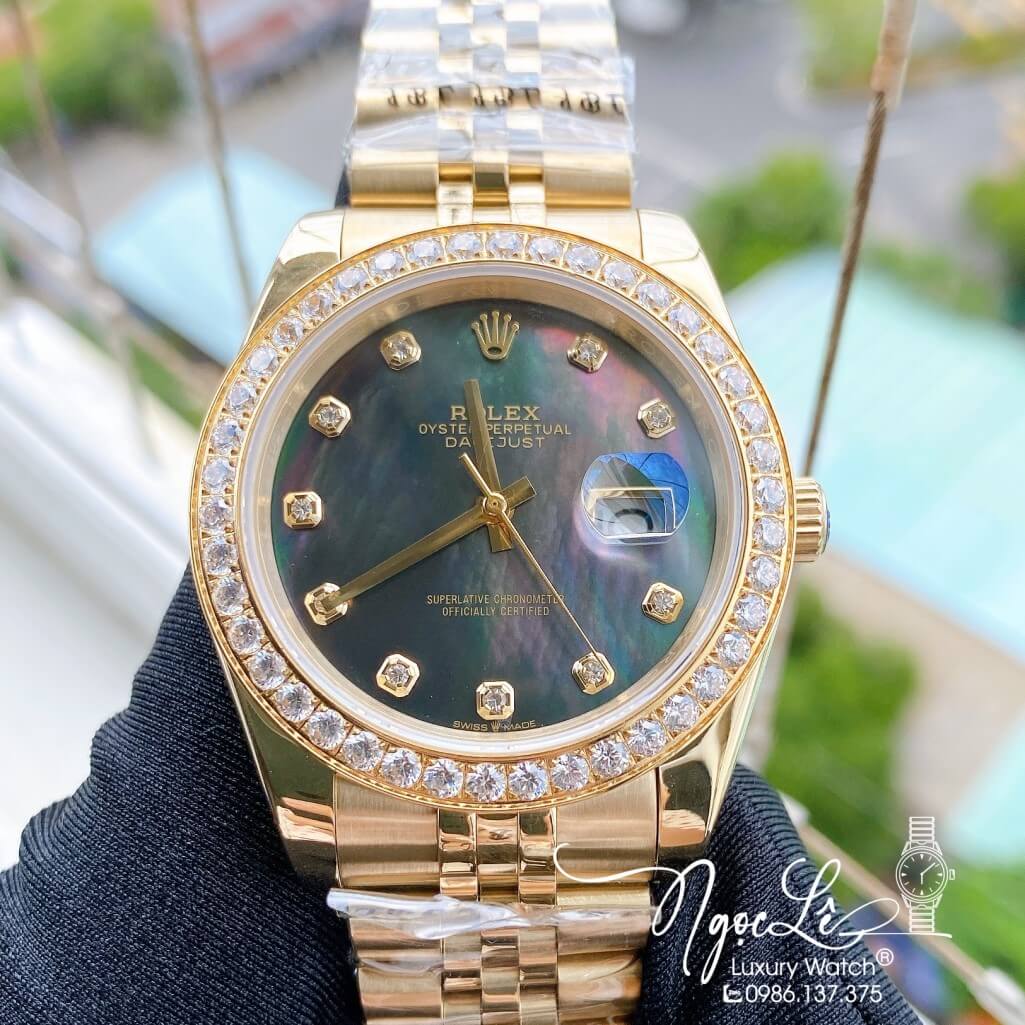 Đồng Hồ Rolex Datejust Nam Automatic Màu Vàng Mặt Xà Cừ Viền Đá 41mm