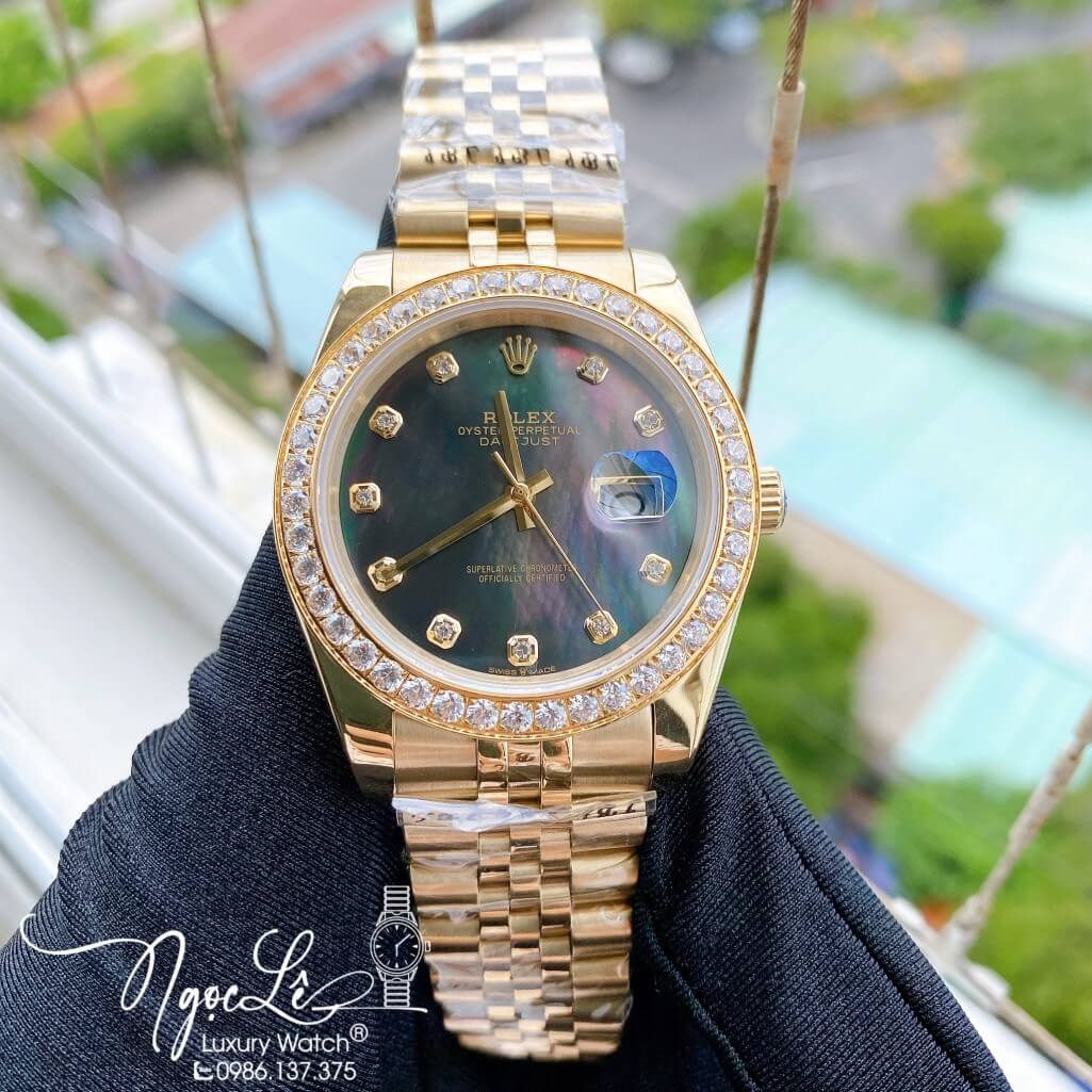 Đồng Hồ Rolex Datejust Nam Automatic Màu Vàng Mặt Xà Cừ Viền Đá 41mm