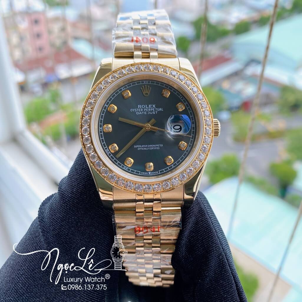 Đồng Hồ Rolex Datejust Nam Automatic Màu Demi Vàng Mặt Xám Viền Đá 41mm