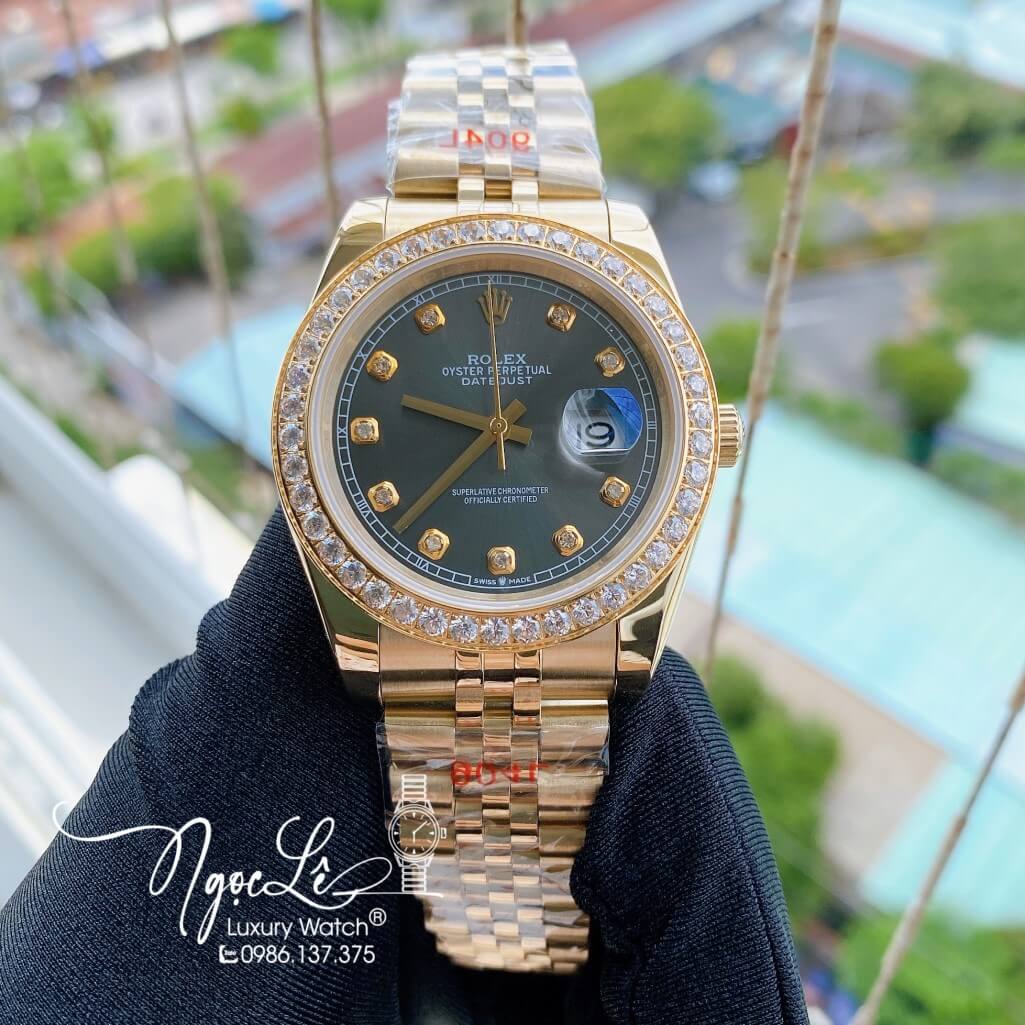 Đồng Hồ Rolex Datejust Nam Automatic Màu Demi Vàng Mặt Xám Viền Đá 41mm