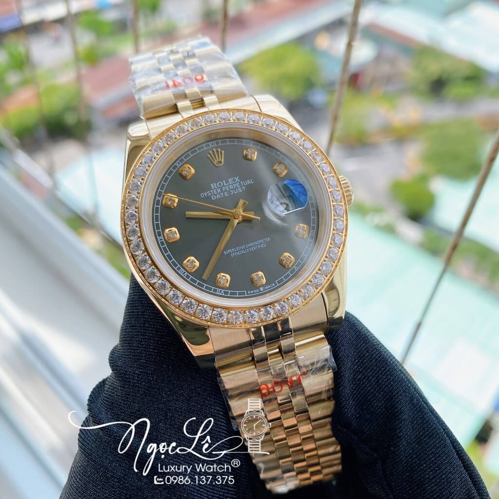 Đồng Hồ Rolex Datejust Nam Automatic Màu Demi Vàng Mặt Xám Viền Đá 41mm