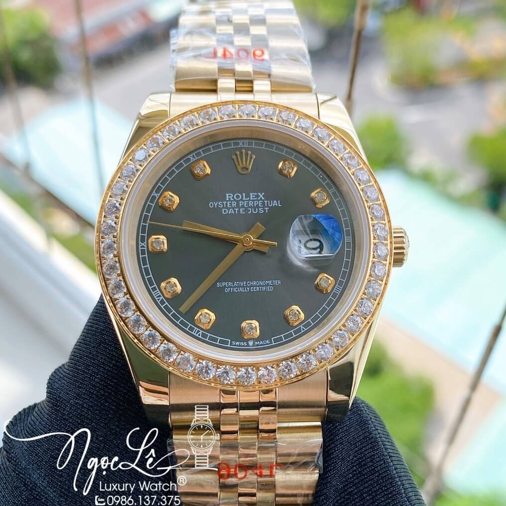 Đồng Hồ Rolex Datejust Nam Automatic Màu Vàng Mặt Xám Viền Đá 41mm