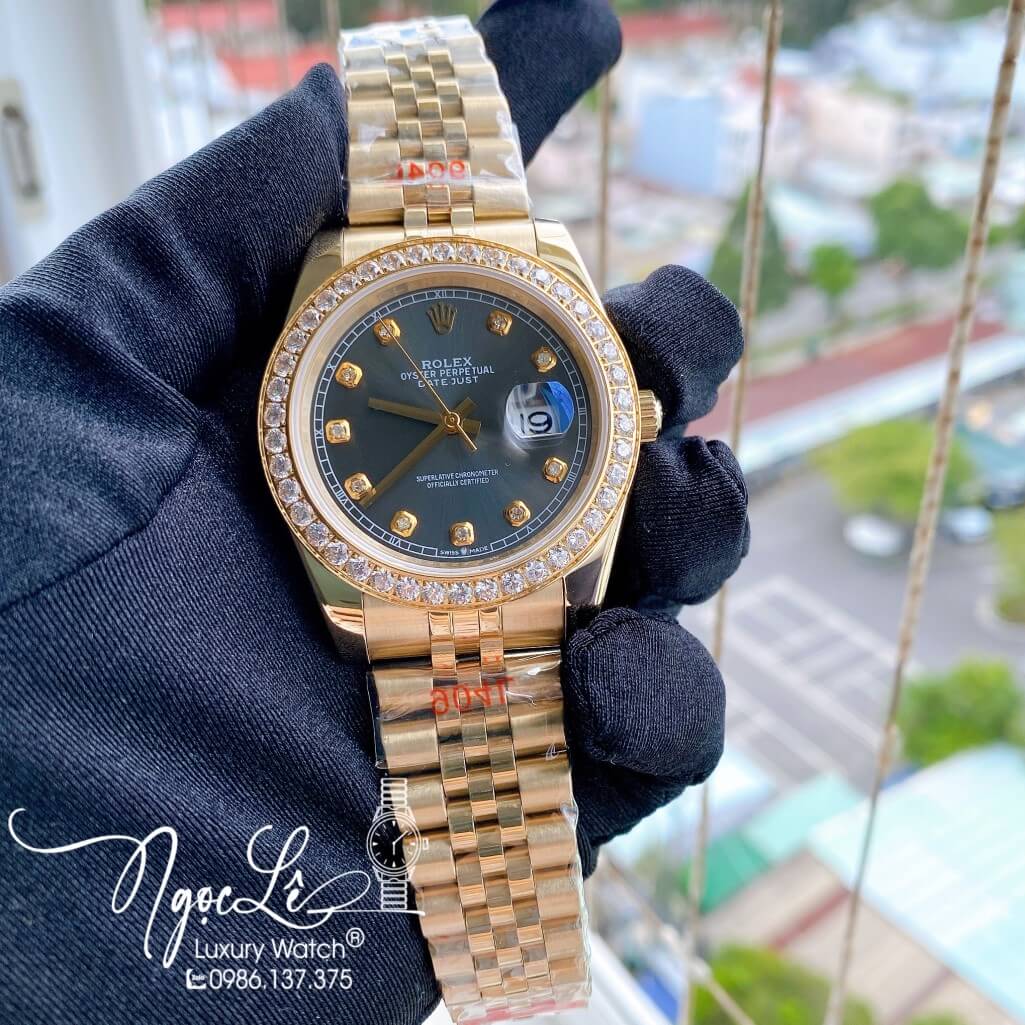 Đồng Hồ Rolex Datejust Nam Automatic Màu Demi Vàng Mặt Xám Viền Đá 41mm