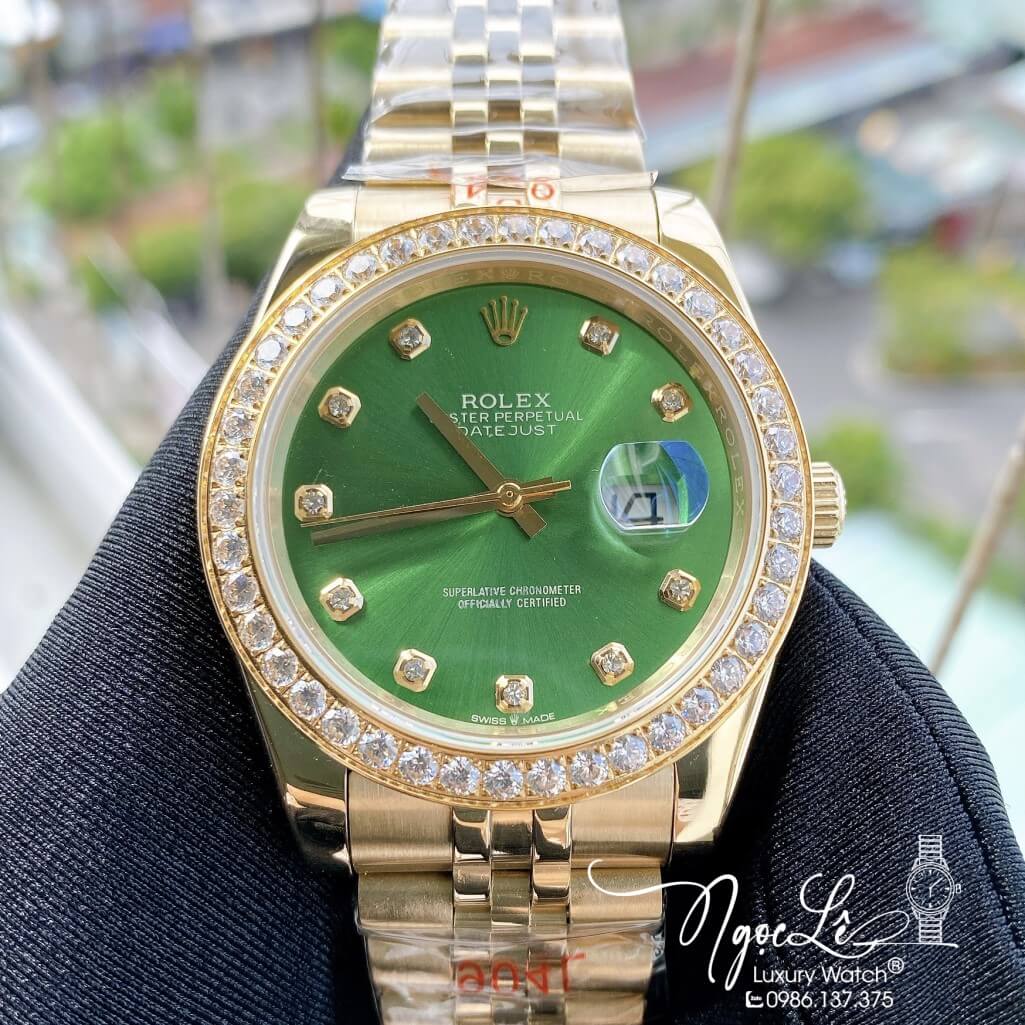 Đồng Hồ Rolex Datejust Nam Automatic Vỏ Vàng Mặt Xanh Lá Viền Đá 41mm