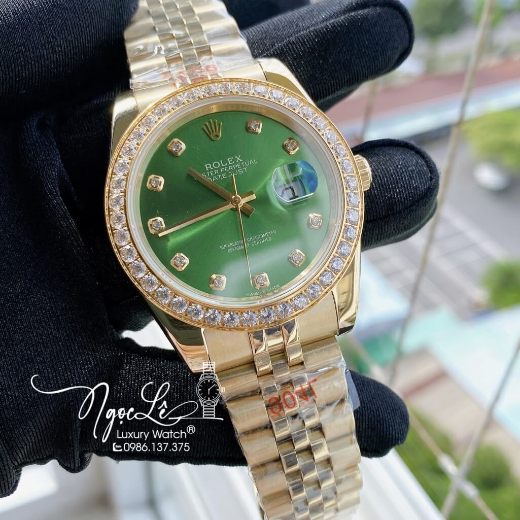 Đồng Hồ Rolex Datejust Nam Automatic Vỏ Vàng Mặt Xanh Lá Viền Đá 41mm