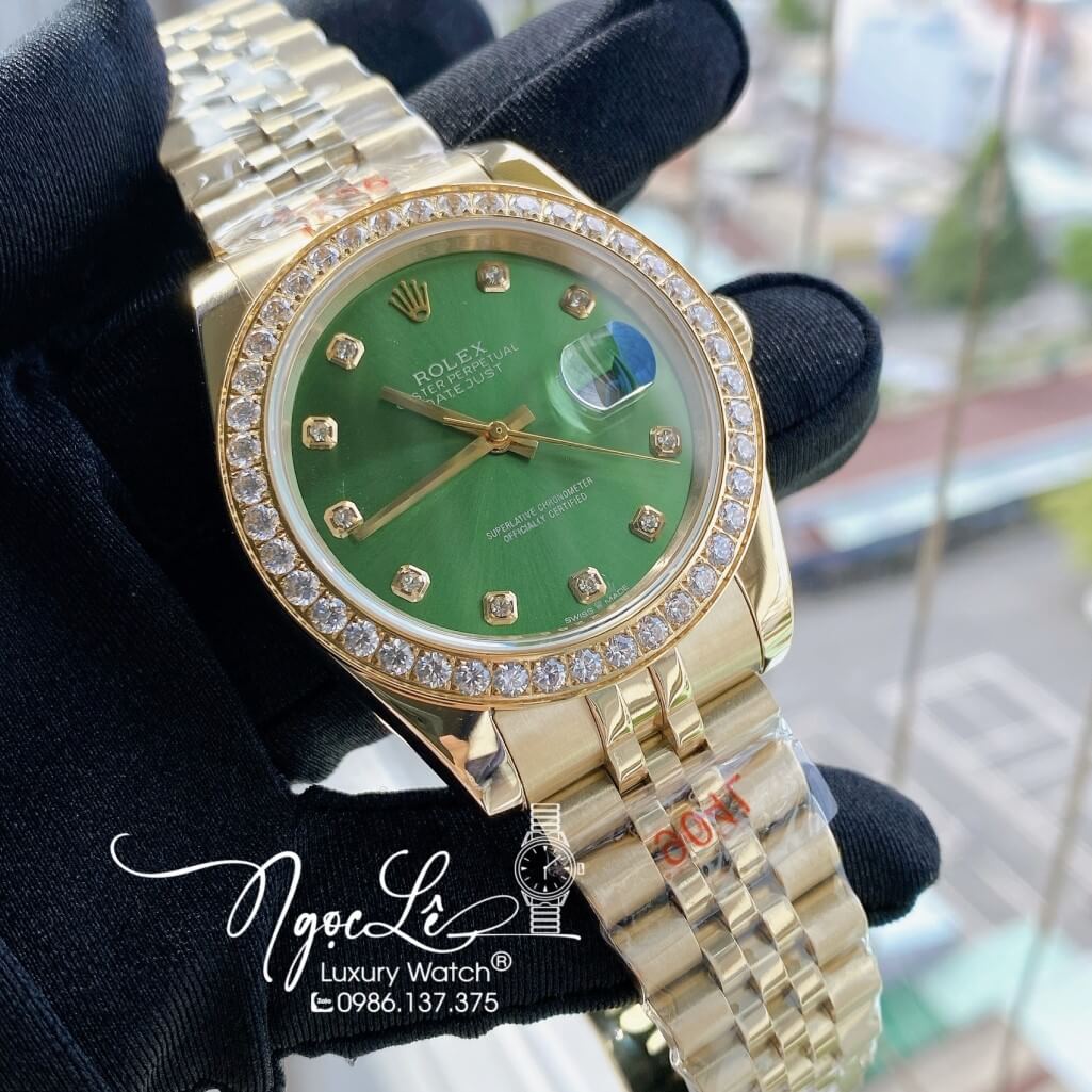 Đồng Hồ Rolex Datejust Nam Automatic Vỏ Vàng Mặt Xanh Lá Viền Đá 41mm