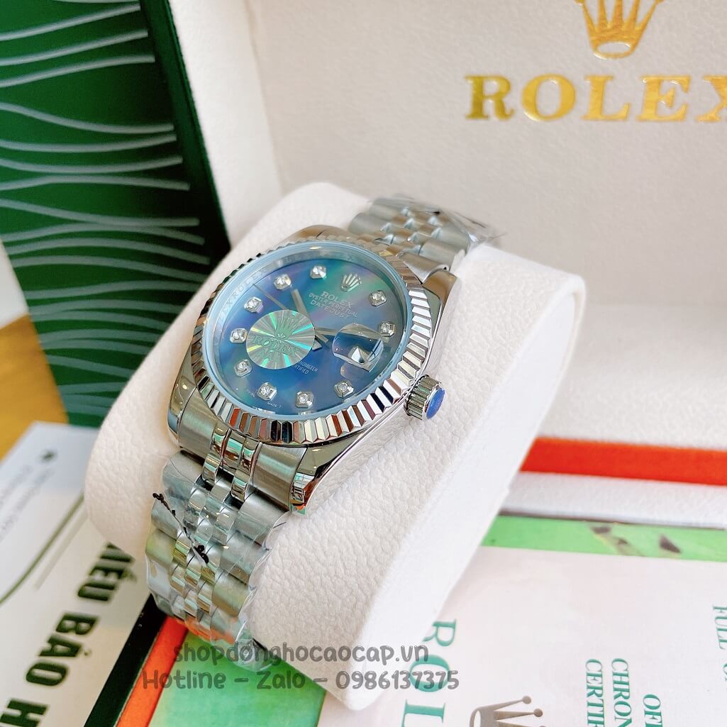 Đồng Hồ Rolex Datejust Cơ Tự Động Dây Kim Loại Bạc Mặt Xanh Xà Cừ 36mm Unisex