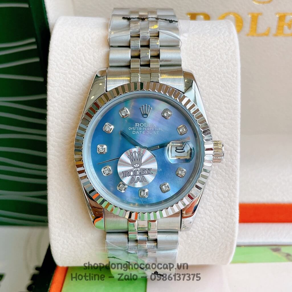 Đồng Hồ Rolex Datejust Cơ Tự Động Dây Kim Loại Bạc Mặt Xanh Xà Cừ 36mm Unisex